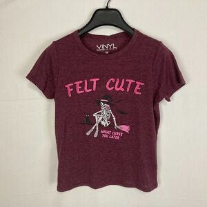 Vinyl Icons Women's Felt Cute Skeleton Witch Graphic Baby Tee - Burgundy - Med